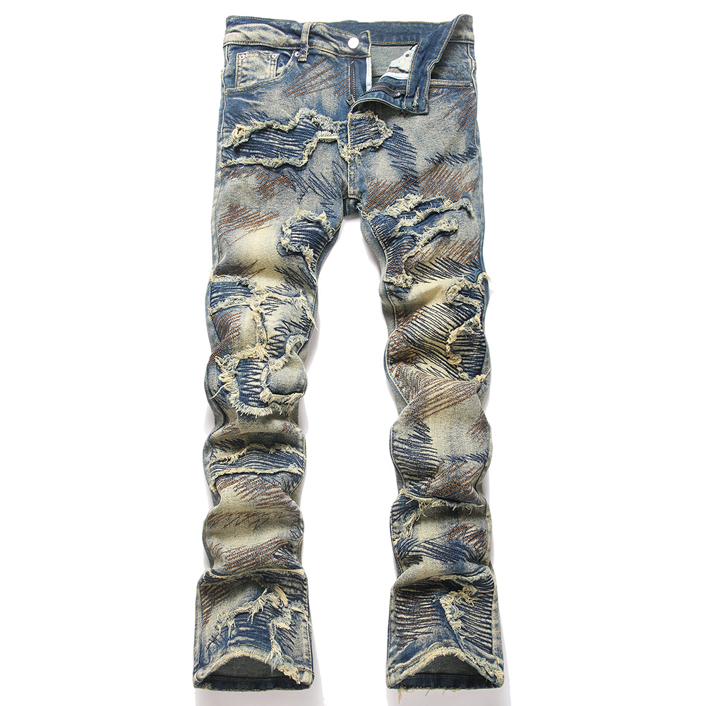 Men Shoes Jeans - Men Embroidery Patch Boot Cut Jeans